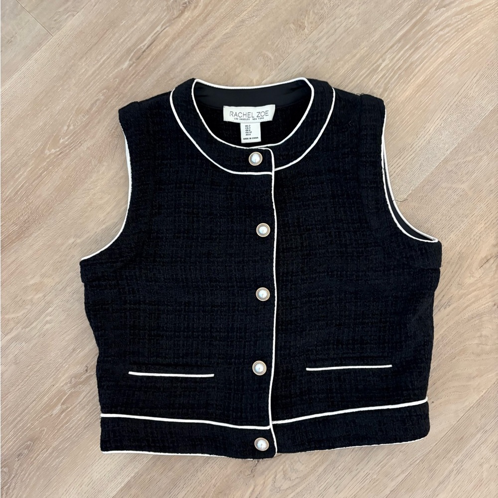 Rachel Zoe Black Textured Vest with White Piping